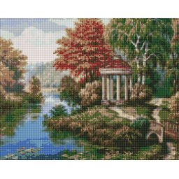 Set goblen cu diamante, cu sasiu, Foisor langa rau, 40x50 cm