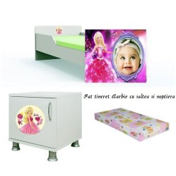 Pat tineret Barbie personalizat 140x70 cu saltea 2-8 ani si noptiera Cadou