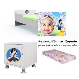 Pat tineret Alba ca Zapada personalizat 140x70 cu saltea 2-8 ani si noptiera Cadou
