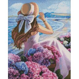 Set goblen cu diamante, cu sasiu, Coasta de mare cu flori, 40x50 cm