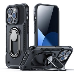 Husa Joyroom Dual Hinge case for iPhone 14 Pro armored case with a stand and a ring holder black