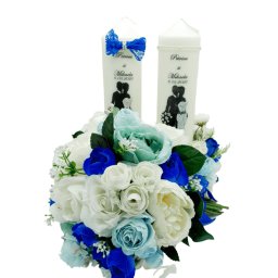 Set 2 lumanari cununie + buchet mireasa, cu flori de matase, bleu - FEIS303006