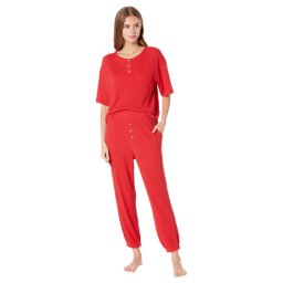 Eberjey Cozy Waffle - Henley Short Sleeve Long PJ Set Haute Red