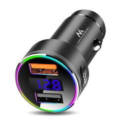 Incarcator auto Maclean, cu display, aluminiu, voltmetru, USB 1x QC 3.0, USB 1x 5V/2.4A, LED RGB, MCE375