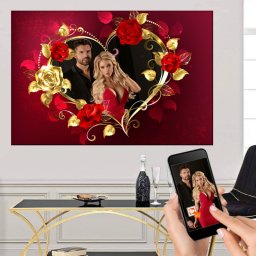 Tablou Canvas Colaj Inima cu Trandafirii Rosii si Aurii CFR2 (Dimensiune LxH: 75x50cm)