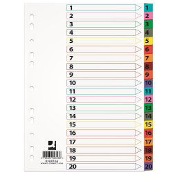 Index carton alb Mylar numeric 1-20, margine PP color, A4, 170g/mp, Q-Connect