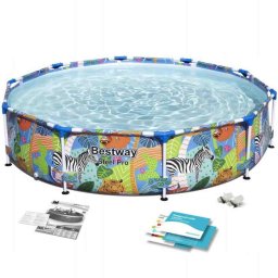 Piscina cu Cadru Metalic Rotund 4 in 1, Imprimeu Animale, Bestway, 305x66 cm, Capacitate 4062 litri,