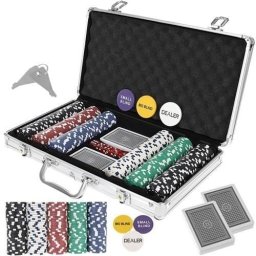 Set de poker 300 jetoane, servieta Aluminiu, 5 zaruri, 2 pachete carti de joc