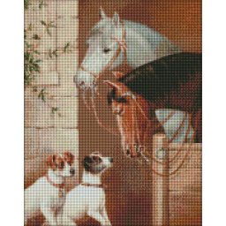 Set goblen cu diamante, cu sasiu, Intalnire la grajduri, 40x50 cm