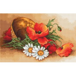 Set goblen de cusut, cu diagrama, Vas cu maci si romanite, 25x16 cm