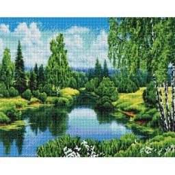 Set goblen cu diamante, cu sasiu, Vara pe rau, 40x50 cm