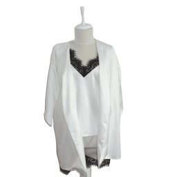 Set 3 piese cu halat si pijamale satinate pentru mireasa, alb cu dantela - SAGB303001