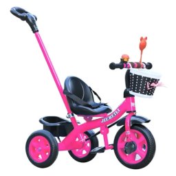 Tricicleta cu pedale si maner parental pentru copii 2-5 ani, NBW, cos din rachita cu fundita si cos spate, Roz