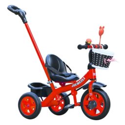 Tricicleta cu pedale si maner parental pentru copii 2-5 ani, NBW, cos din rachita cu fundita si cos spate, Rosu