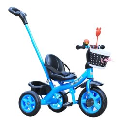 Tricicleta cu pedale si maner parental pentru copii 2-5 ani, NBW, cos din rachita cu fundita si cos spate, Albastru
