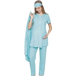 Compleu maternitate, 4 piese, Pijama+ Halat gravide, Sella, Azure, maneca lunga