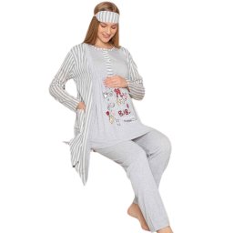Compleu maternitate, 4 piese, Pijama+ Halat gravide, Baby, Grey, maneca lunga