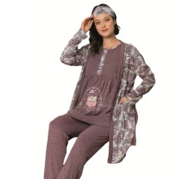 Compleu maternitate, 4 piese, Pijama+ Halat gravide, Baby, Light Mauve, maneca lunga