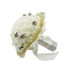Buchet mireasa cu flori de spuma, mare, alb-auriu - ILIF303082