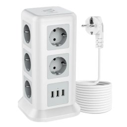 Prelungitor tip Turn Tessan TPS01, 11 prize, 3 USB 3.1A, cablu 2m, protectie la suprasarcina - Alb