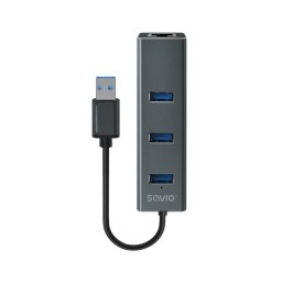 Savio AK-57 USB-A - 3 x USB-A HUB with RJ-45 Gigabit Ethernet adapter, 5000 Mbit/s, grey