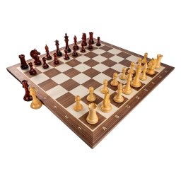 Combo set cu piese de sah din lemn de padauk Staunton 7 New Royal si tabla de sah din lemn de nuc