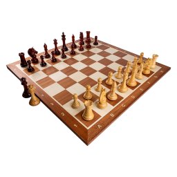Combo set cu piese de sah din lemn de padauk Staunton 7 New Royal si tabla de sah din lemn de mahon