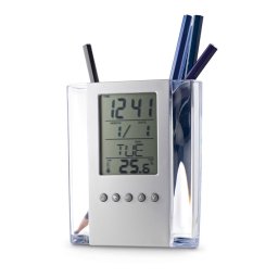 Suport de pixuri cu calendar si alarma, 95x118x50 mm, Everestus, 20SEP1154, Acril, Argintiu