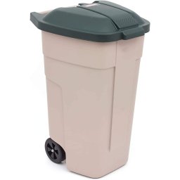 Tomberon gunoi exterior, bej, Keter, colectia Refuse, material plastic, pentru aer liber, curte, capac verde inchis, maner, roti rezistente, capacitate 110 L, rezistent UV