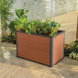 Jardiniera de gradina, inaltata, Keter Maple Garden Bed Evotech, polipropilena, aspect lemn natural, pentru cultivarea florilor si legumelor, forma dreptunghiulara, culoare maro, 88 L