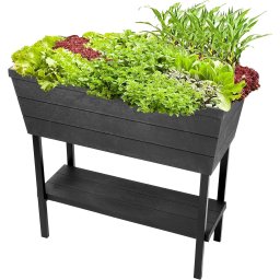 Rasadnita cu etajera pentru gradina, plastic, imitatie lemn, Keter Urban Bloomer, terasa sau balcon, cu sistem de irigare, rezistenta la intemperii, culoare graphite