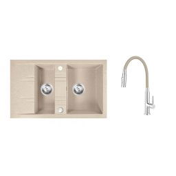 Pachet 2in1 Chiuveta Dubla, Spalator fructe, Picurator Mic, Patrata 48X79Cm, Inc. Nisip cu Zumba Slim 2F - baterie stativa bucatarie cu pipa flexibila, bej