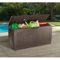 Lada depozitare exterior, pentru accesorii gradina si terasa, cu capac, material polipropilena, culoare maro, Keter Hollywood, 270 L, cu sistem inchidere si manere