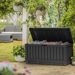 Cutie pentru depozitare pentru terasa si gradina, pentru unelte si jucarii, cu capac, material polipropilena rezistenta UV, culoare antracit, manere, Keter Kentwood 350 L