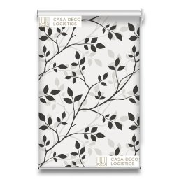 Roletă textilă Floral 8011 albă cu model ramuri și frunze gri-negru