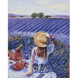Set goblen cu diamante, cu sasiu, Picnic in lanul de lavanda, 40x50 cm