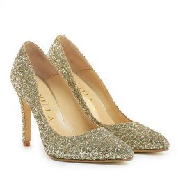 Pantofi Stiletto cu toc subtire Corina, sclipici auriu