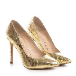 Pantofi Stiletto cu toc Corina imprimeu sarpe, aurii
