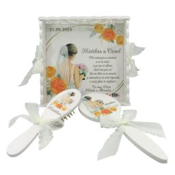 Set gatit mireasa, galben, personalizat, tavita dantelata, 3 piese - ALIF304012