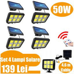 Set 4 x Proiectoare Solare cu Panou Separat Si Senzor de Miscare 96 COB + Telecomanda