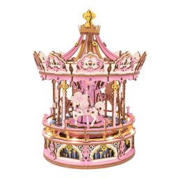 Puzzle 3D, lemn colorat, cutiuta muzicala, Carusel Romantic, 346 piese