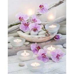 Set goblen cu diamante, cu sasiu, Flori si lumanari, 40x50 cm