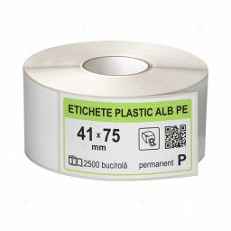 Rola etichete autoadezive plastic, PE alb, 41x75 mm, adeziv permanent, 2500 etichete rola