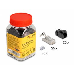 Set 25 buc conector RJ45 SFTP Cat.8.1 pentru fir solid + 25 mansoane Negre, Delock 67017