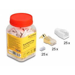 Set 25 buc conector SFTP RJ45 Cat.7 pentru fir solid + 25 mansoane Albe, Delock 67018