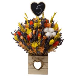 Aranjament buchet floral cu număr masă, din flori uscate multicolore, bumbac și lavandă - AMB304003