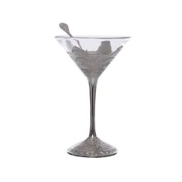 Set 6 cupe pentru inghetata,6 lingurite,realizat din sticla si zinc argintat 11,6x11,6x17,9cm
