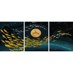 Set 3 picturi pe numere, cu sasiu, Luna aurie, 50x120 cm