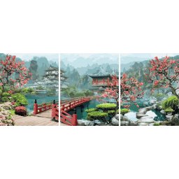 Set 3 picturi pe numere, cu sasiu, Gradina japoneza, 50x120 cm
