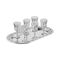 Set 6 pahare pentru tarie din sticla cu picior argintat si tavita